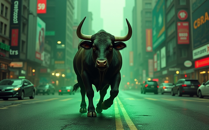 A Strong Bull Roaming in the City in a Green Atmosphere