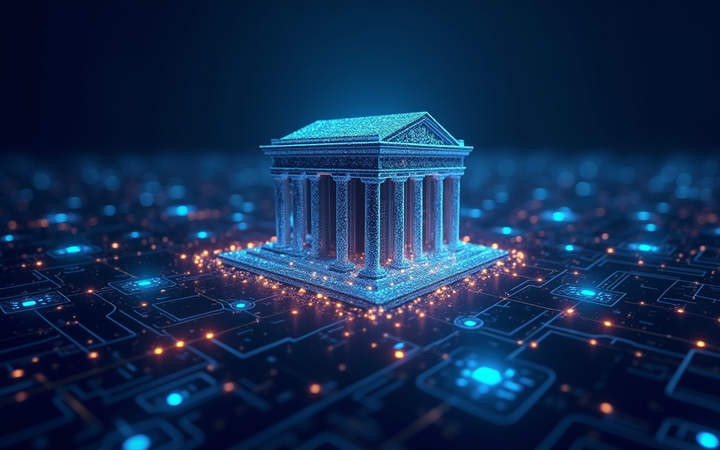 /invezz2 create an image showing modern bank building connected by glowing digital lines to a stylized blockchain network. Include Chainlink and Swift logos