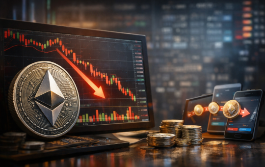 Ethereum coin displayed in front of a trading monitor showing a downward market trend, with crypto wallets and coins symbolising transfers during a price decline.