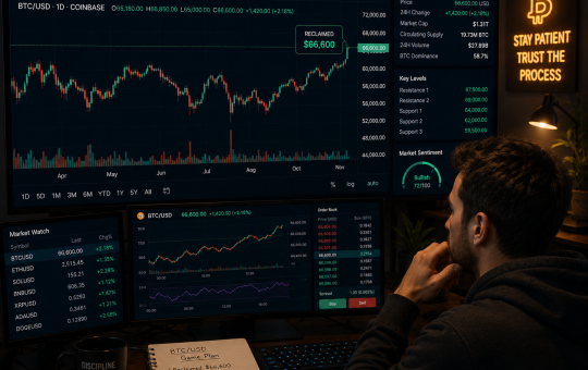 A trader analyzing Bitcoin as it approaches $67k.