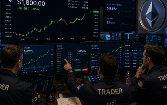 Traders analyzing a bullish ETH/USD chart